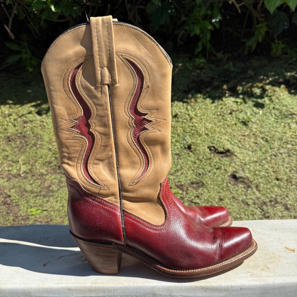 Frye Vintage Red Lizard Embossed Leather Western Cowboy Boots 9 B 1J01075 USA - Picture 10 of 11